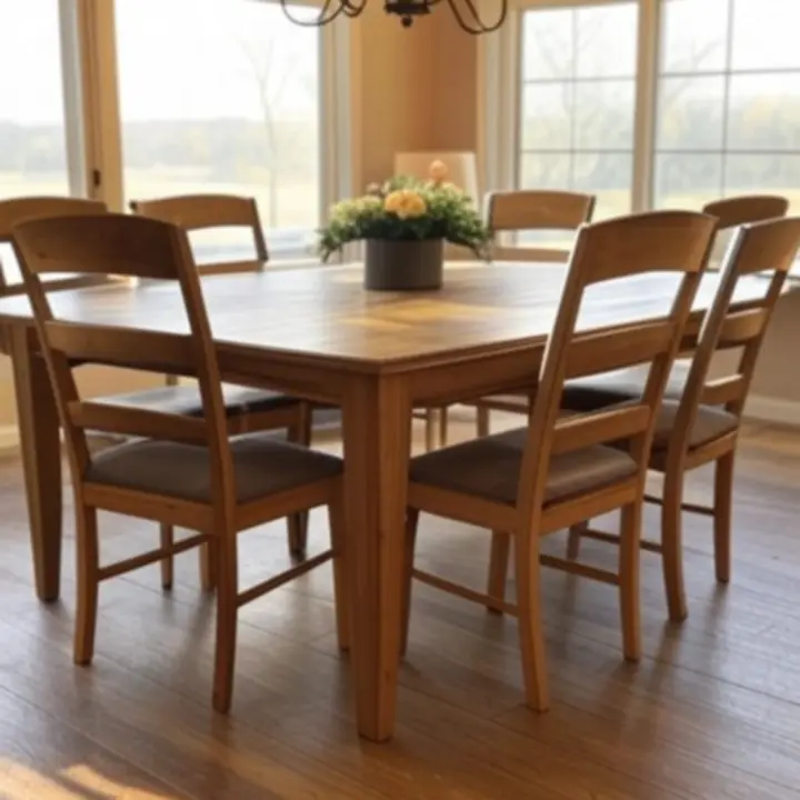 Przytulna jadalnia z drewnianym stołem i tapicerowanymi krzesłami