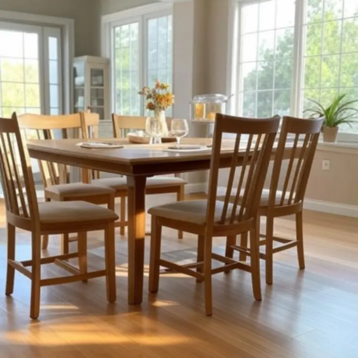 Jadalnia z dużym stołem, krzesłami i kredensem.