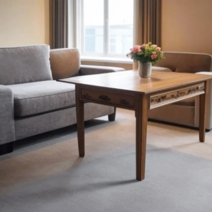 Elegancka sofa z drewnianym stołem i miękkimi dodatkami w salonie.