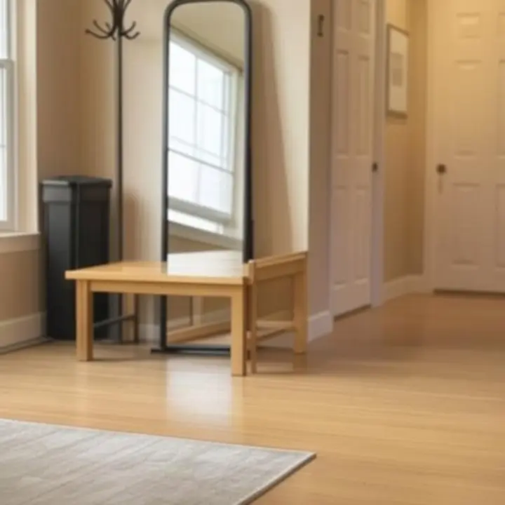 Przedpokój z szafką na buty, wieszakiem i lustrem.