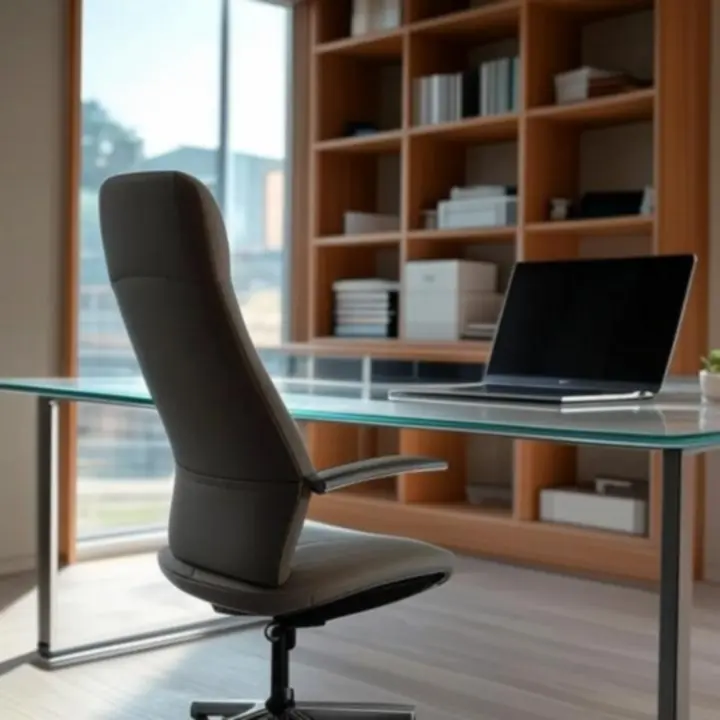 Nowoczesne biuro domowe z biurkiem, krzesłem i regałem.