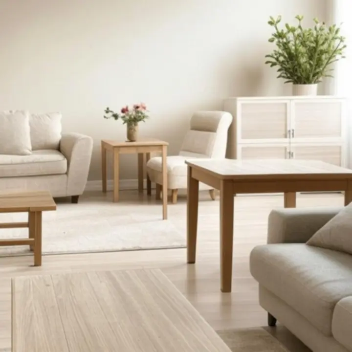 Przykładowe produkty z kategorii sofy, stoły, krzesła, przechowywanie i dekoracje na tle delikatnego wnętrza