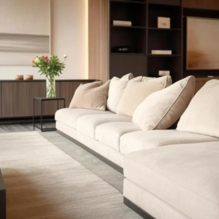 Salon z nowoczesną sofą, stolikiem kawowym i meblami RTV.