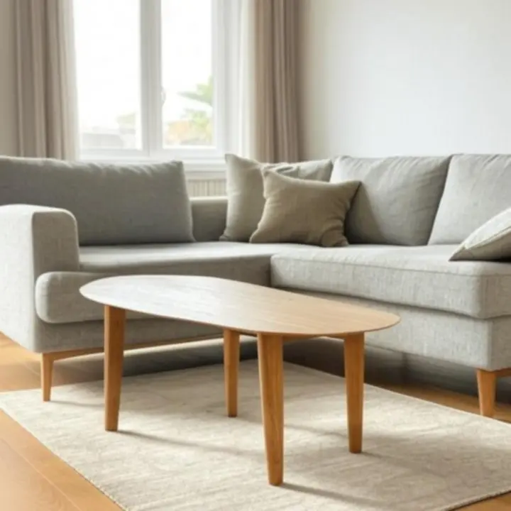 Sofa i stolik kawowy ustawione w realistycznej aranżacji salonu.