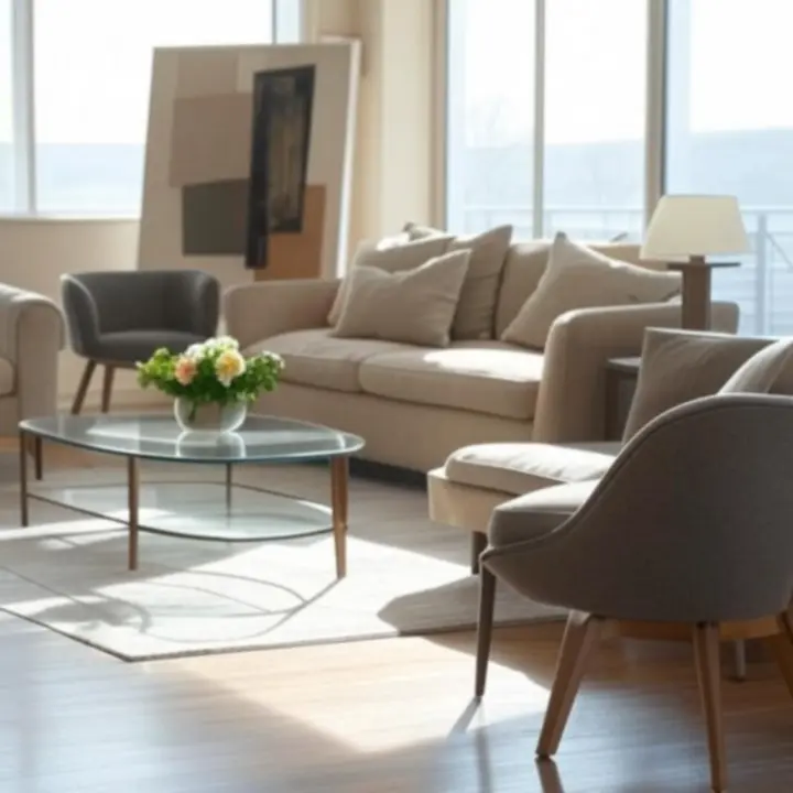 Nowoczesny salon z beżową sofą, stolikiem kawowym i drewnianymi akcentami